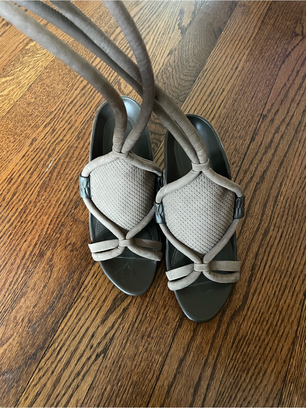3.1 Phillip Lim Taupe and Olive Wrap Wedge Sandals
